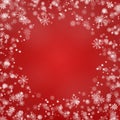 Snowflake round border vector isolated on red background. Christmas falling snow frame. Winter xmas Royalty Free Stock Photo