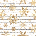 Snowflake seamless pattern. Repeated gold snowflakes on white background design winter prints. Repeating sparkle foil. Cute golden