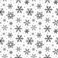 Snowflake seamless pattern. Repeating snowflakes patern. Hand draw winter design prints. Repeated black falling snow isolated Royalty Free Stock Photo