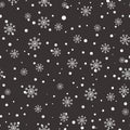 Snowflake seamless pattern. Snow on graybackground. Abstract wallpaper, wrapping decoration. Merry Christmas holiday