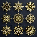 Snowflake set gold glitter texture background. Christmas decoration, golden snowflake with bright glitter. Christmas and New Year Royalty Free Stock Photo