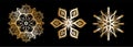 Snowflake set silhouette icon or emblem. Golden on black background