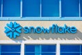 Snowflake sign, logo on the company corporate headquarters in Silicon Valley. Snowflake Inc. is a cloud-based data-warehousing