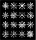 Snowflake silhouette icon, symbol, design set. Winter, christmas vector illustration on black background.