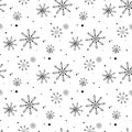 Snowflake simple seamless pattern. Black snow on white background. Abstract wallpaper, wrapping decoration. Symbol of winter, Royalty Free Stock Photo