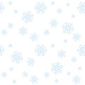 Snowflake simple seamless pattern. Blue snow on white background. Abstract wallpaper, wrapping decoration. Symbol of winter, Merry