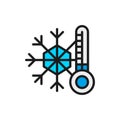 Snowflake with a thermometer, low temperature, frost flat color line icon.