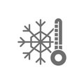 Snowflake with a thermometer, low temperature, frost grey icon.