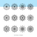 Snowflake thin line icons set. Outline web sign kit of snow. Winter linear icon collection as crystal, hexagon, ice, snowy pattern