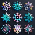 Snowflake vector gradient icon background set. Winter christmas snowflake crystal element. Collection of snowflakes happy new year Royalty Free Stock Photo