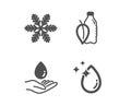 Snowflake, Water care and Water bottle icons. Air conditioning, Aqua drop, Mint leaf drink. Crystal aqua. Vector