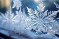 Snowflake on window close-up, winter abstract background. Generative AI Royalty Free Stock Photo
