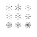 Snowflake winter set of black isolated nine icon silhouette on white background.