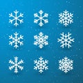 Snowflake winter set of white isolated icon silhouette on blue background. Vector illustration Royalty Free Stock Photo