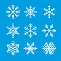 Snowflake winter set of white isolated icon silhouette on blue background. Vector illustration Royalty Free Stock Photo