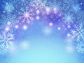 Snowflakes background. Holiday christmas greeting card decoration blue and white frame of snow new year celebration Royalty Free Stock Photo