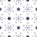 Snowflakes blue on white background, seamless winter pattern