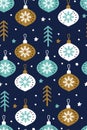 Snowflakes with Christmas glass balls vector seamless pattern isolated on blue background. Christmas background. Holiday Royalty Free Stock Photo