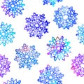 Snowflakes collection, cut out shape with blue splashes color palette, hand painted watercolor illustration seamless pattern Royalty Free Stock Photo