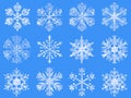 Snowflakes collection, ice texture, blue background