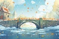 snowflakes descending on an old stone bridge Royalty Free Stock Photo