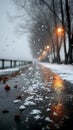 Snowflakes fall onto a wet pathway flanked by bare trees. The path, likely a Royalty Free Stock Photo