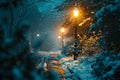 Winter Night Scene with Snow and Streetlights.