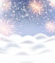 Snowflakes and firework background with snow drift for Happy New Year celebration