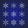 9 snowflakes flat style design vector illustration set icon signs isolated on dark blue gradient background. Royalty Free Stock Photo