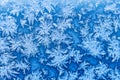 Snowflakes and frost on window in winter close up Royalty Free Stock Photo