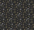 Snowflakes gift wrapping paper texture, gold and shite snow on black background. Vector graphic design