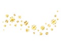 Snowflakes golden confetti wave. Christmas gold celebration banner. Winter foil design. Snow fall. Happy New Year card