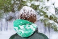 Snowflakes in the hair. Beautiful young woman on a snowy winter day with snow flakes on her hair rear view. A teenage girl under a