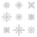 Snowflake icon set. White silhouette snow flakes signs, isolated on background