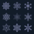 Snowflakes mega set elements in flat design. Bundle of different types of symmetric and geometric ornate snow shapes, frozen