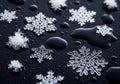 Snowflakes rest on a dark wet surface, showcasing their intricate Royalty Free Stock Photo