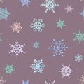 Snowflakes seamless pattern of many snowflakes on the dark Grayish Pink background vector