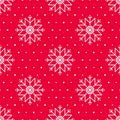 Snowflakes seamless pattern on a red background. Cute background with white snowflakes, dots, twinkles on red background