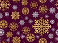 Snowflakes seamless pattern, white and gold snowflakes with shadow. Christmas and New Year background with falling snow. Vector Royalty Free Stock Photo