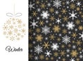 Snowflakes seamless pattern. White and gold snow on dark background. Merry Christmas. Royalty Free Stock Photo
