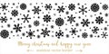 Snowflakes seamless vector border. Horizontal hand-drawn illustration. Isolated snowfall sketch on a white background. Monochrome Royalty Free Stock Photo