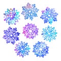 Snowflakes set collection, cut out shape with blue splashes color palette, hand painted watercolor illustration isolated on white Royalty Free Stock Photo