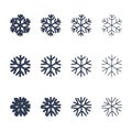 Snowflakes signs set. Black snowflake icons isolated on white background. Snow flake silhouettes. Symbol of snow