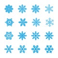 Snowflakes signs set. Blue Snowflake icons isolated on white background. Snow flake silhouettes. Symbol of snow, holiday Royalty Free Stock Photo