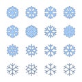 Snowflakes signs set. Blue Snowflake icons isolated on white background. Snow flake silhouettes. Symbol of snow, holiday Royalty Free Stock Photo