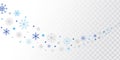 Snowflakes and snow border. Blue and silver snowflakes stream isolated on transparent background. Bright Christmas