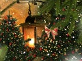 Snowflakes snowy  street wooden lantern and blurred light Christmas tree branch at  night street holiday  3D-illustration Royalty Free Stock Photo