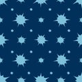 Snowflakes, spots and stars. An endlessly repeating ornament. Boom. Explosion. Seamless vector pattern. Isolated blue background.