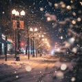 Snowflakes and Streetlights: A Winter Evening in the City Royalty Free Stock Photo