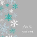 Snowflakes stripe on the left side with place for your text. Vector illustration of blue and white snowflakes on grey background
